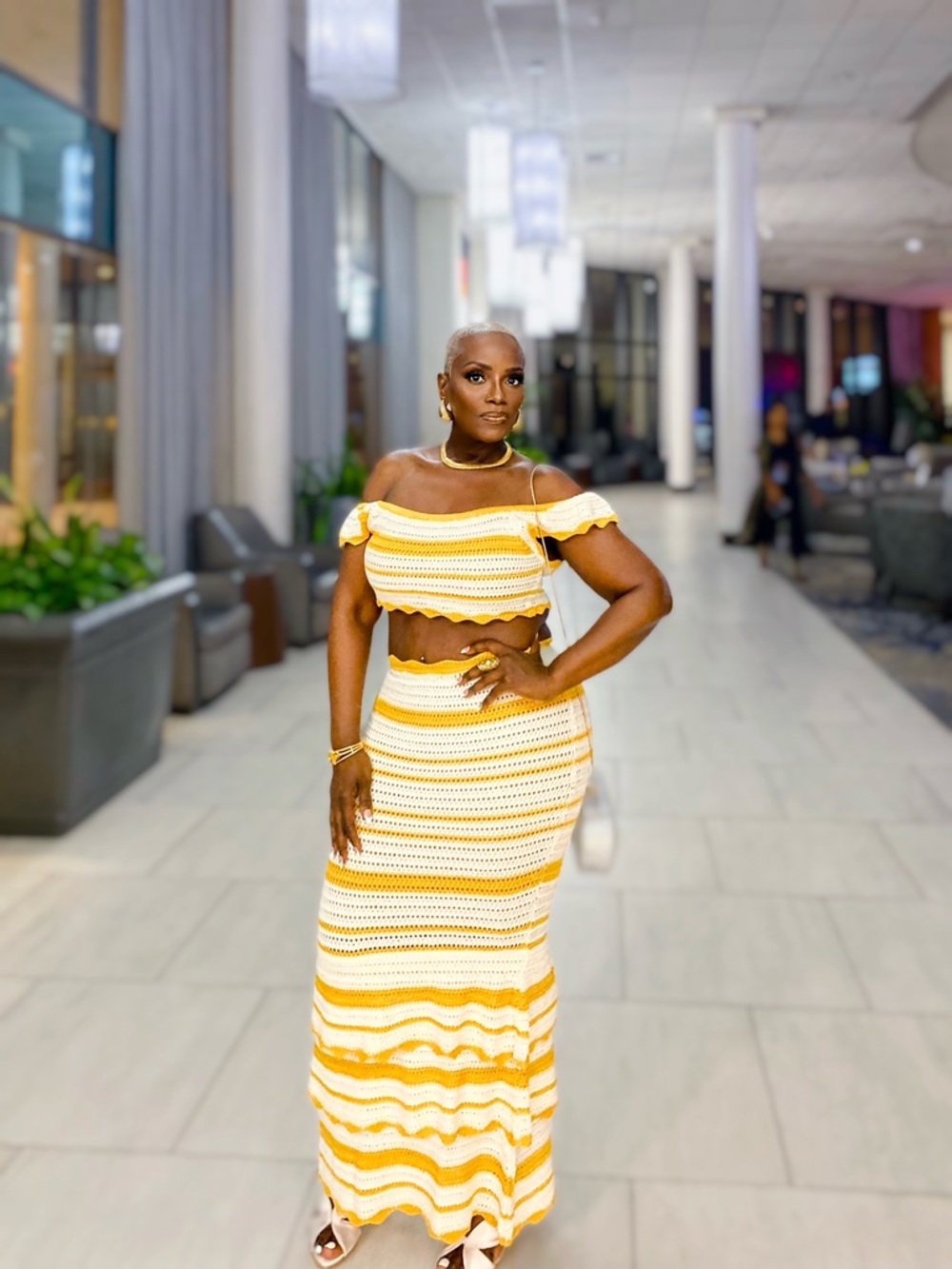 JLUXLABEL Yellow and White Striped Crochet Maxi Skirt